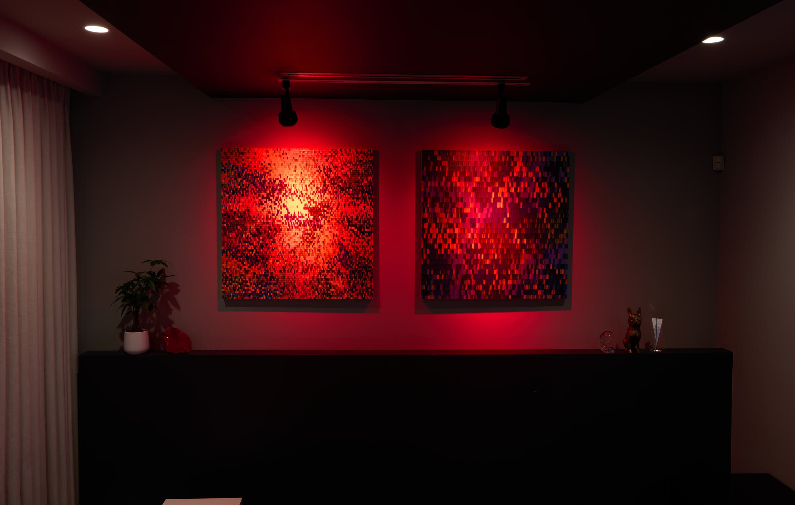 Red scene Ketra lighting scene on two geometric artworks