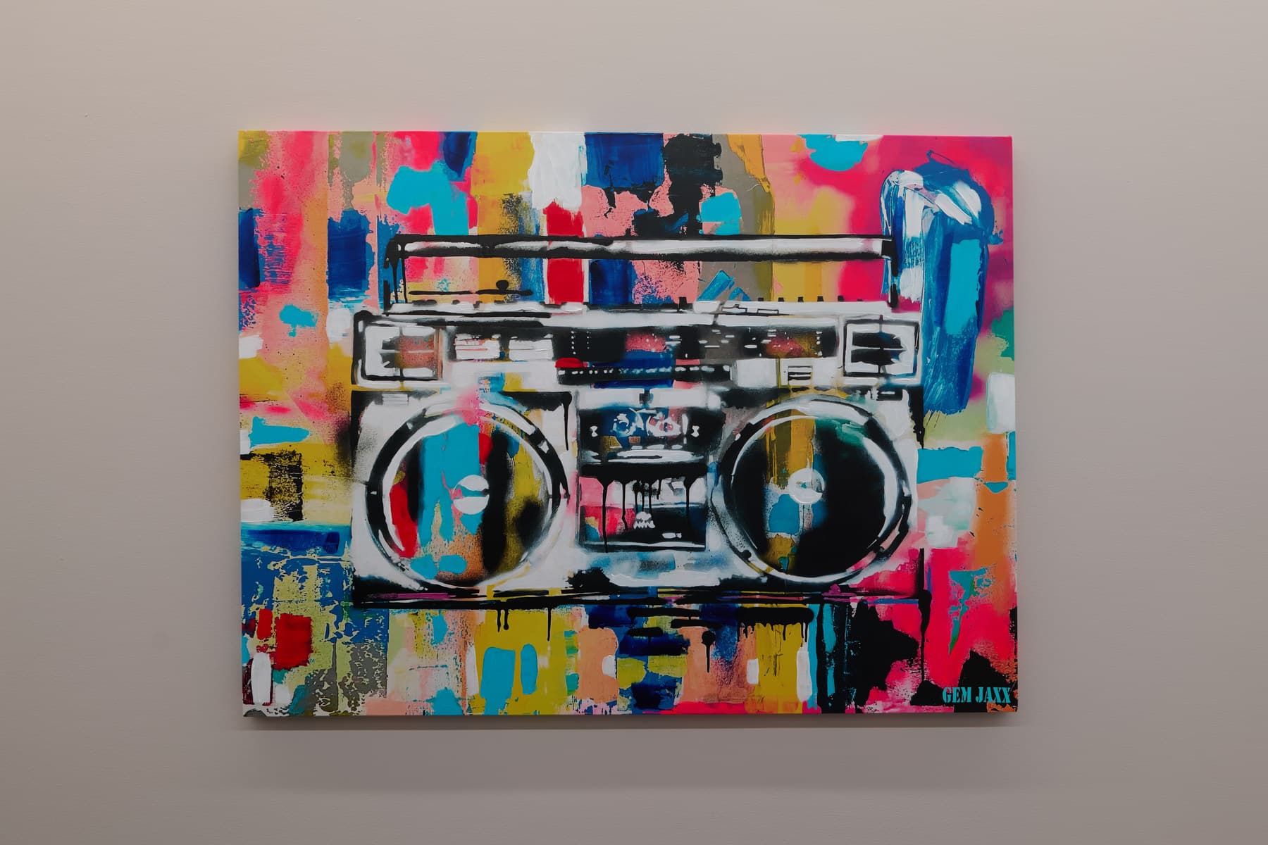 Close detail of a colorful artwork in the Eagle Sentry showroom
